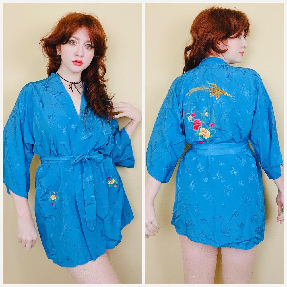 1970s Vintage Health China Rayon Mini Robe / 70s Phoenix Floral Embroidered